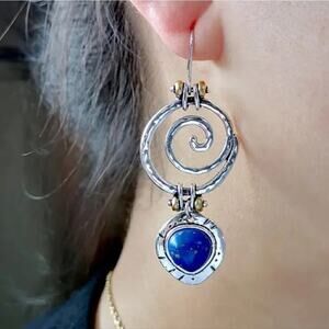 Spiral Earrings with Blue Lapis Lazuli Tone Stone, Antique Silver Vortex Jewelry